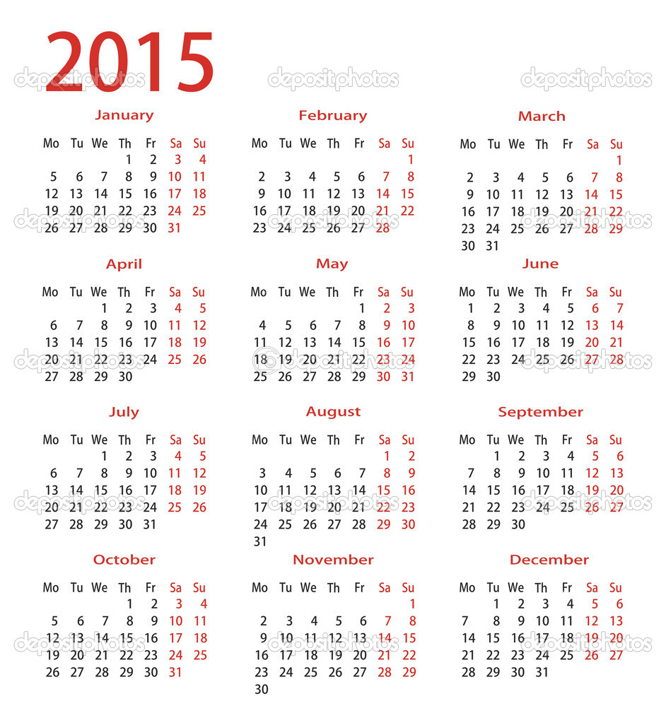 Calendário 2015 em inglês vermelho