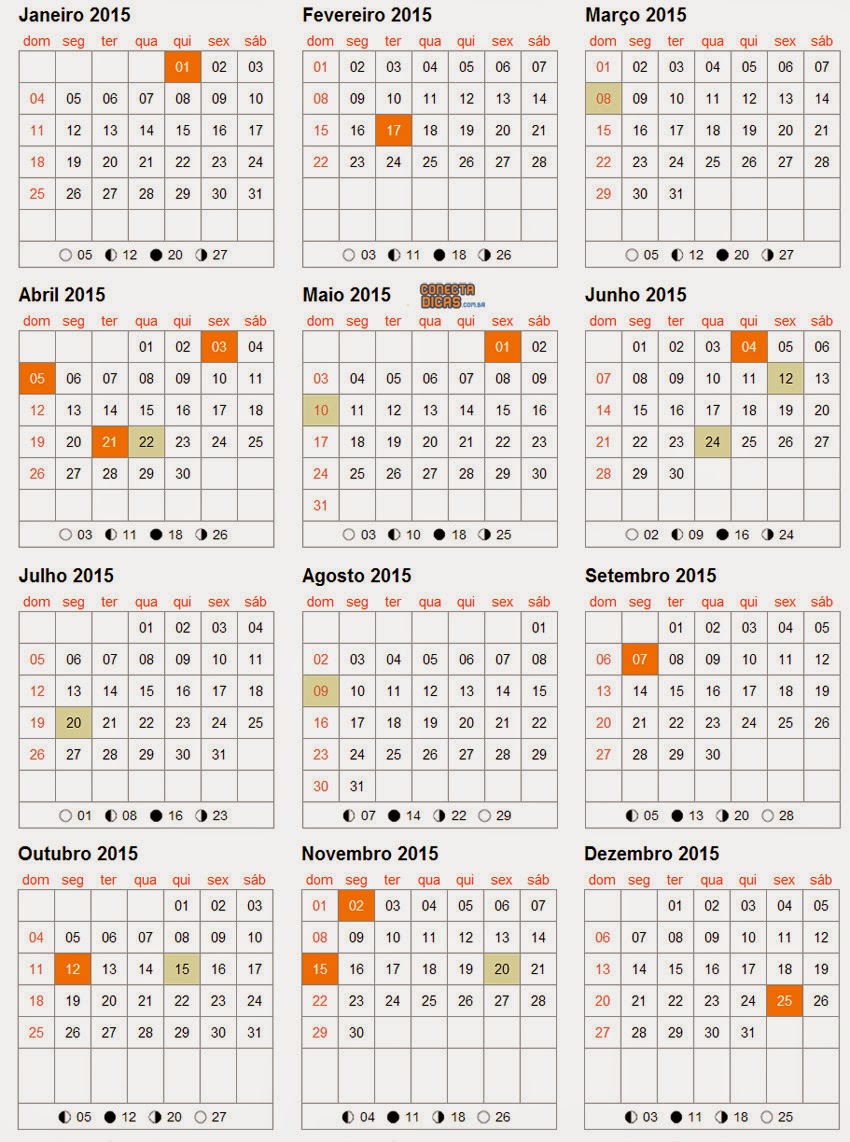 Calendário 2015 para imprimir com feriado colorido