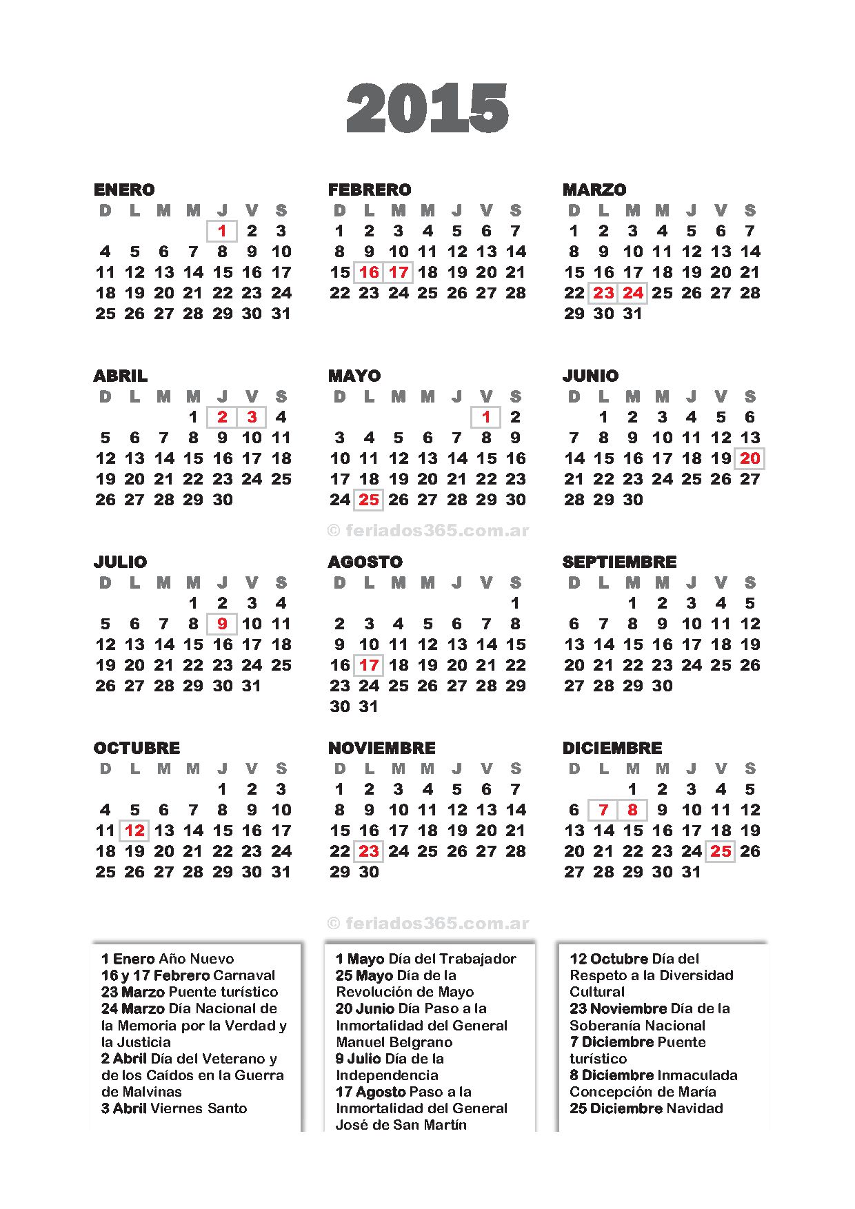 Calendário 2015 para imprimir com feriados