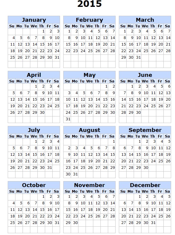 Calendário 2015 para imprimir inglês