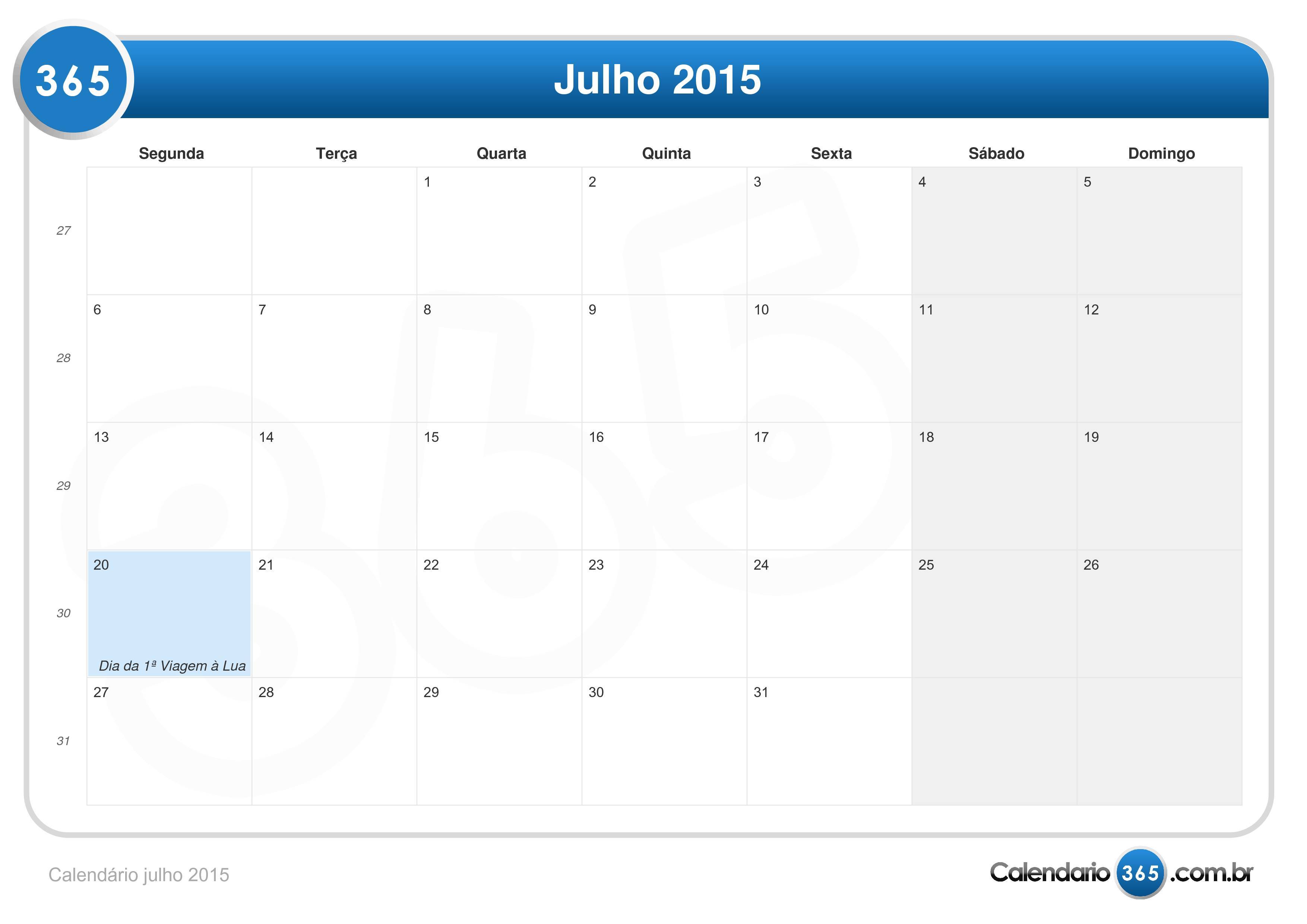 Calendário de Julho 2015 Azul para anotações