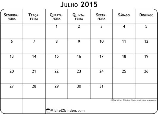 Calendário de Julho 2015 Branco simples