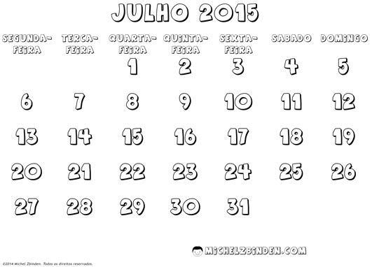 Calendário de julho 2015 Para imprimir e colorir