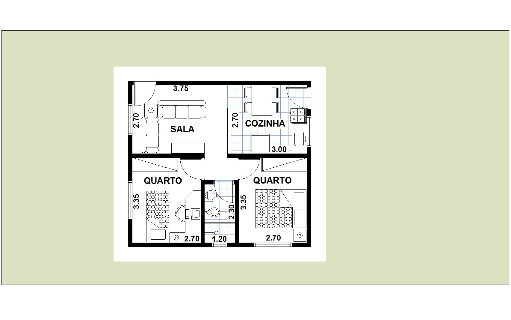 Planta de casas com 2 quarto, sala, cozinha e banheiro com quartos lado a lado