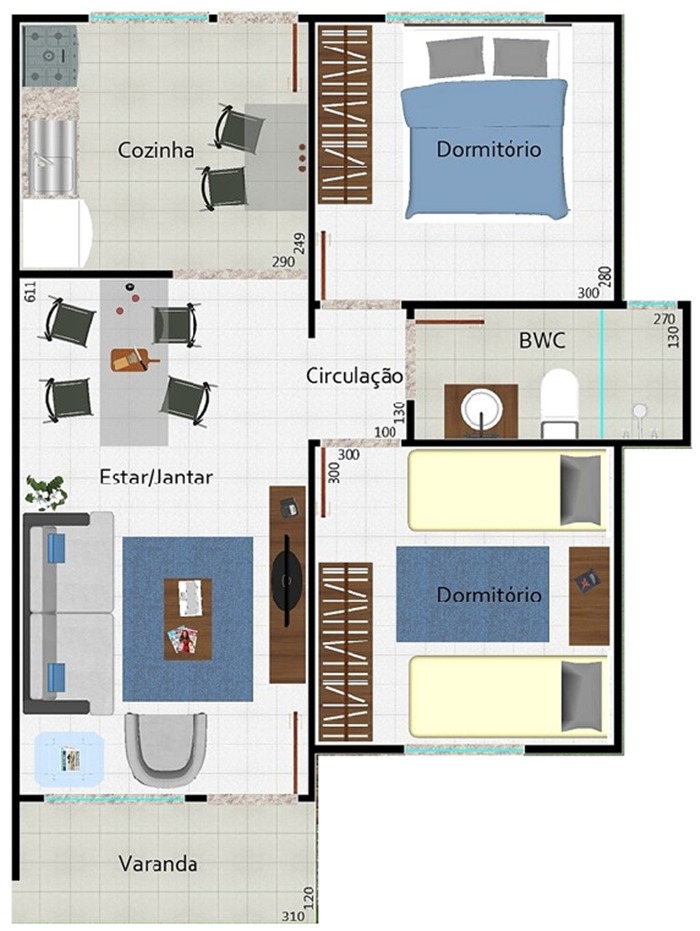 Planta de casas com 2 quarto, sala, cozinha e banheiro com varanda 