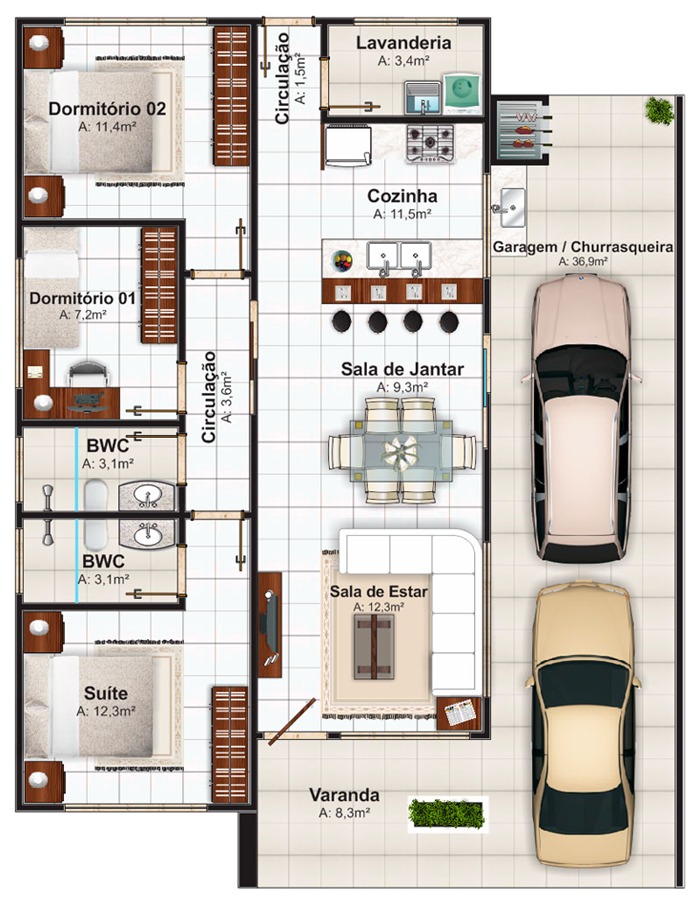 Planta de casas modernas com 2 quartos com garagem para dois carros 