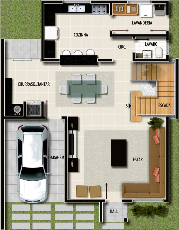 Planta de casas modernas com 2 quartos com garagem 