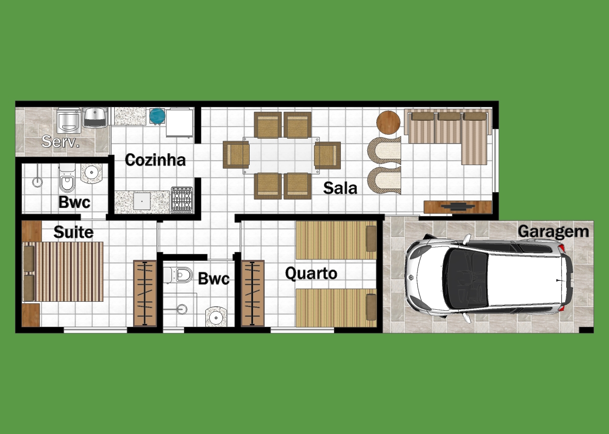 Planta de casas modernas com 2 quartos com suite 