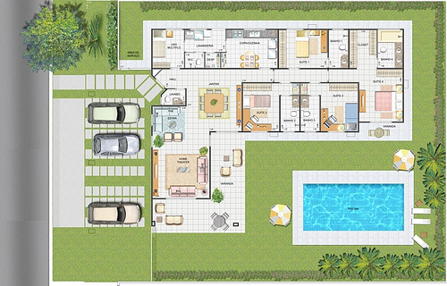 planta de casas modernas com 4 quartos com piscina  